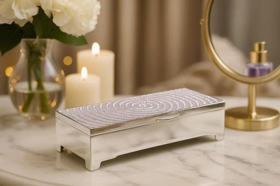 Silver-Plated Rectangle Jewellery Box | Luxury Ripple Circle Enamel Trinket & Keepsake Gift Box