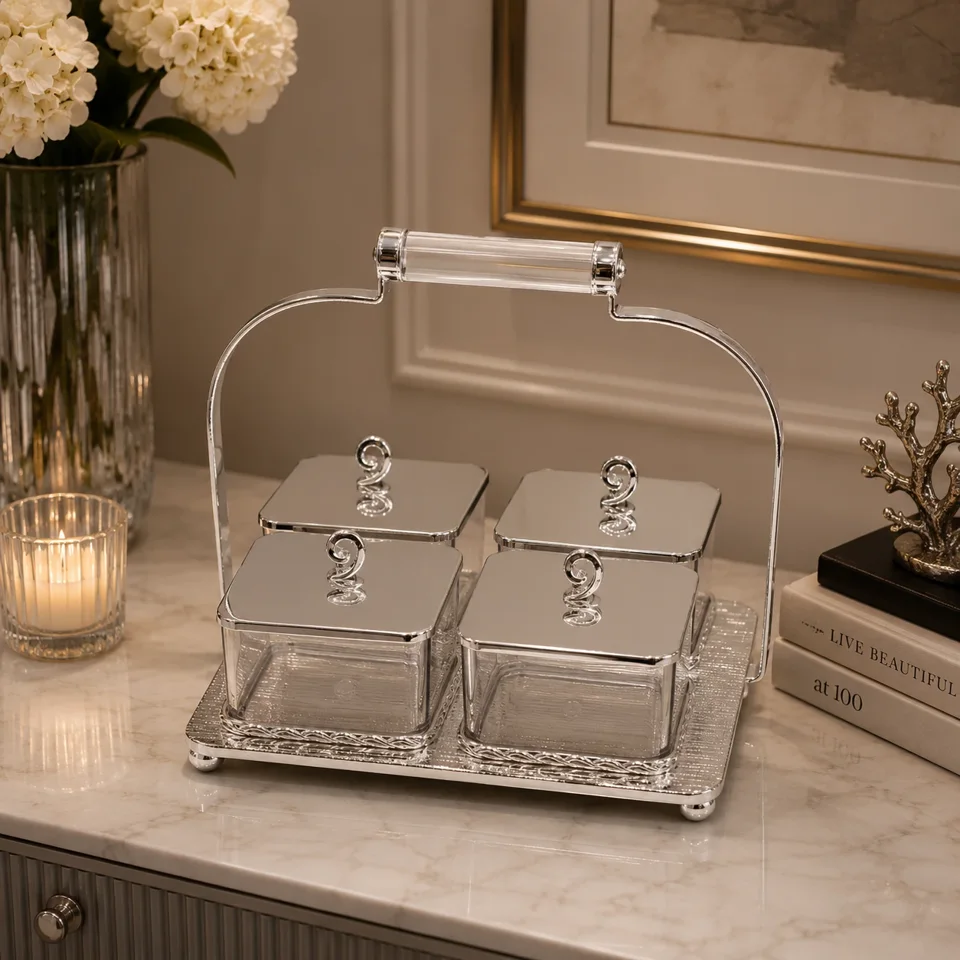 Set of 4 elite nut treasure with handle- silver