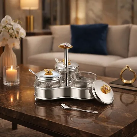 Regal Treasure Trio Glass Bowls with Lids & Spoons Dual Tone