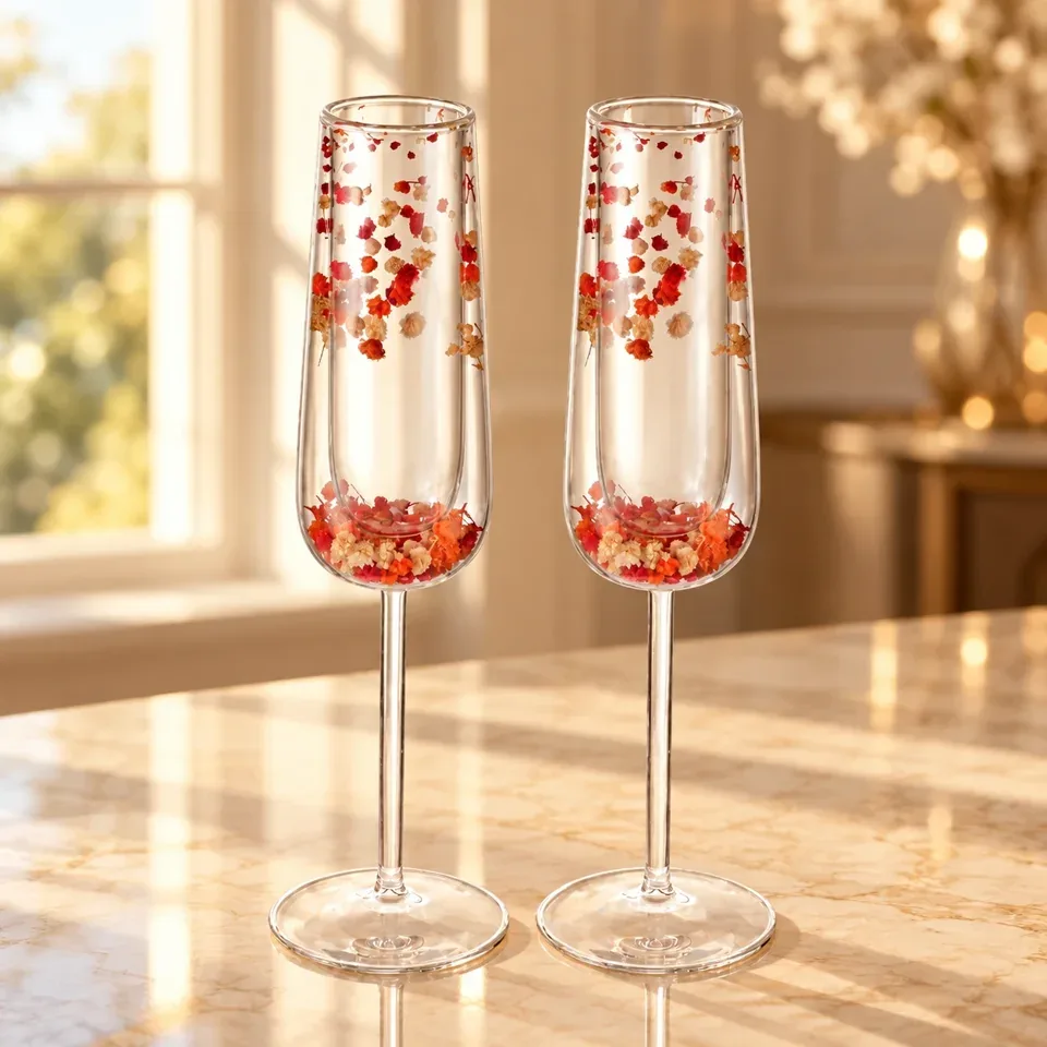 Double-Glass Floral Champagne Glasses – Set of 2