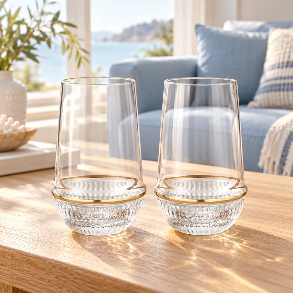 Stemless Tumbler Glasses with Gold Ring & Textured Base – Set of 2