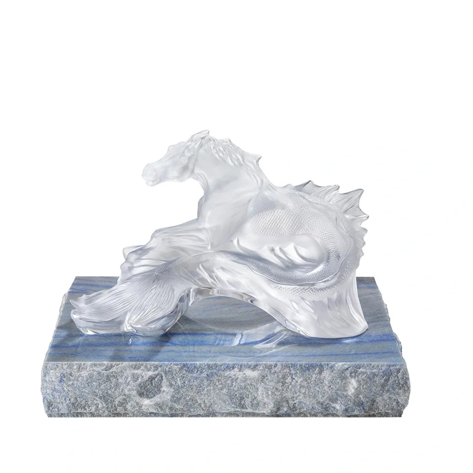 Poseidon's Horse Sculpture- Clear Crystal - Marble Stand