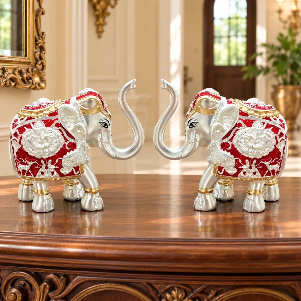 Shankh Elephant Silver Red Meena (Set of 2) (height 8cm)