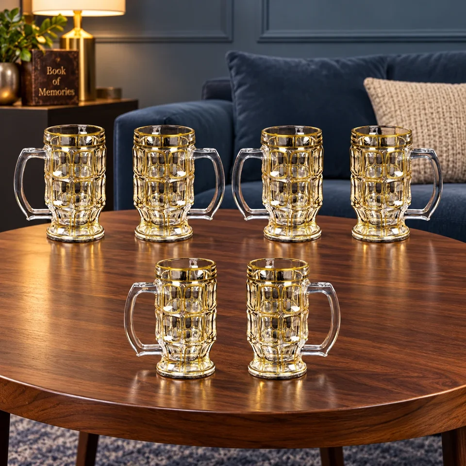 Set of 6 Beer Mugs With Golden Lining