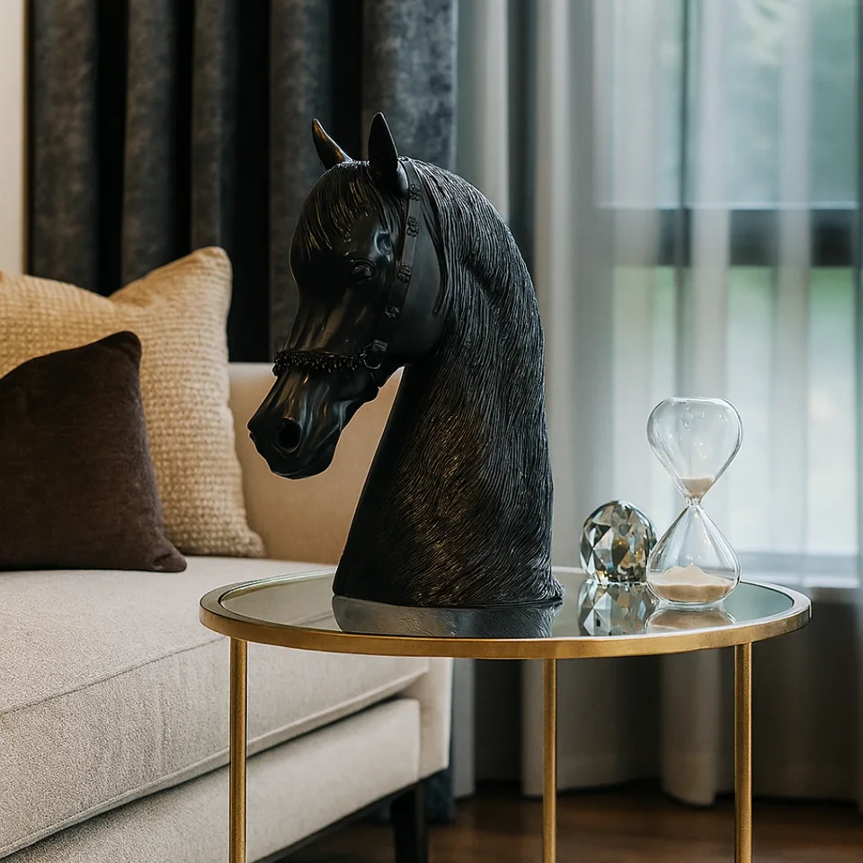 A black sculptural horse head in an elegant living room