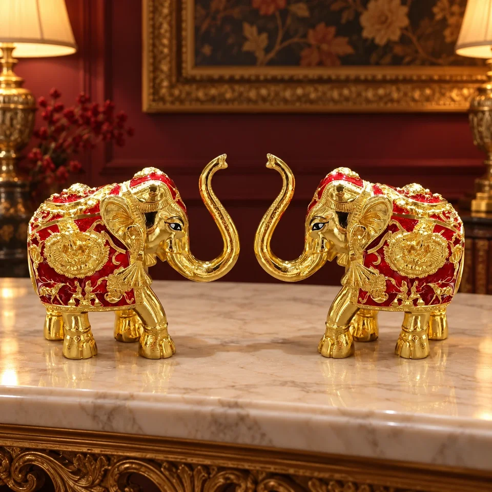 Shankh Elephant Gold Red Meena (Set of 2) (height 8cm)