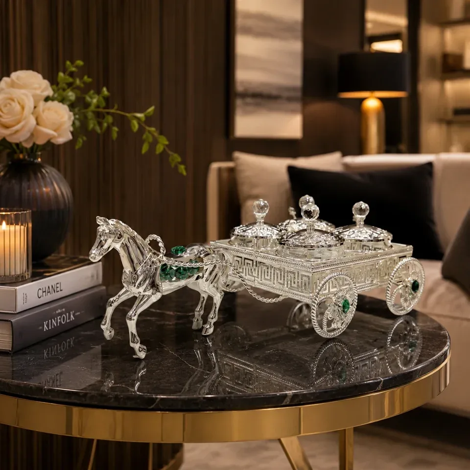 Designer Horse Cart With 4 Dry Fruit Jars Clear Dark Green