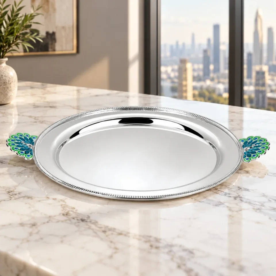 Round Tray with Peacock Handle