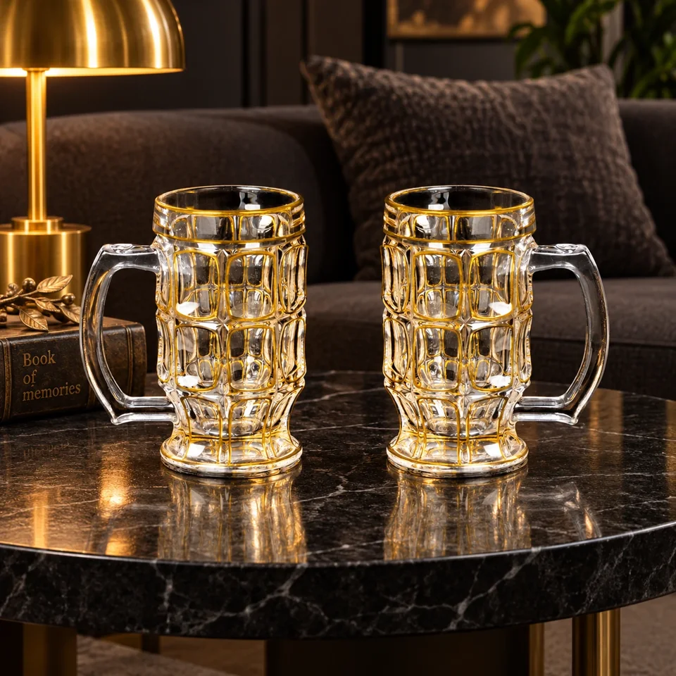 Set of 2 Beer Mugs With Golden Lining
