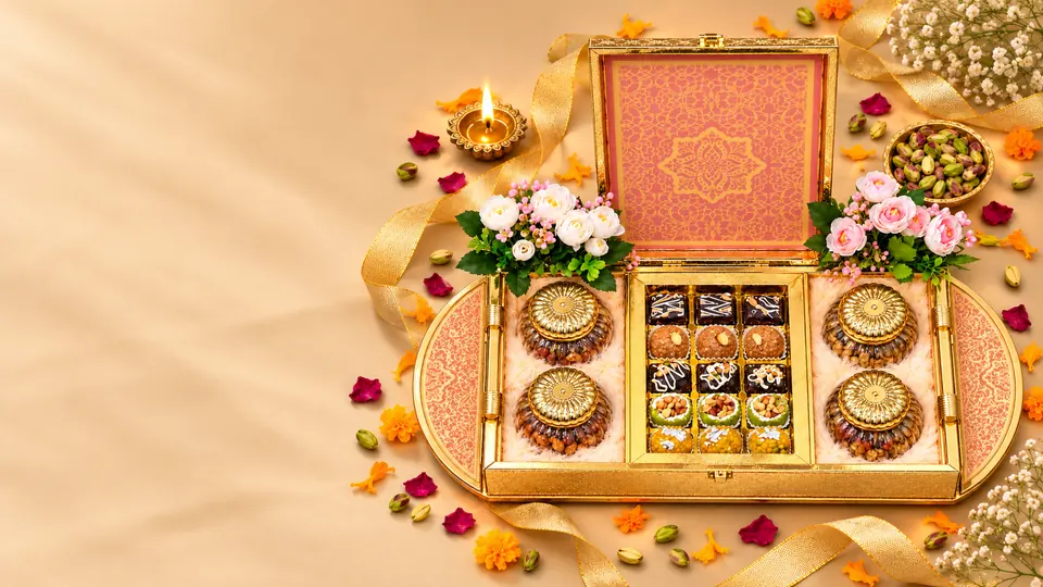 Golden Grandeur festive hamper with a Diwali diya on a champagne surface